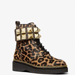 Michael Kors Calfhair Leopard Combat Boots with Gold Accents